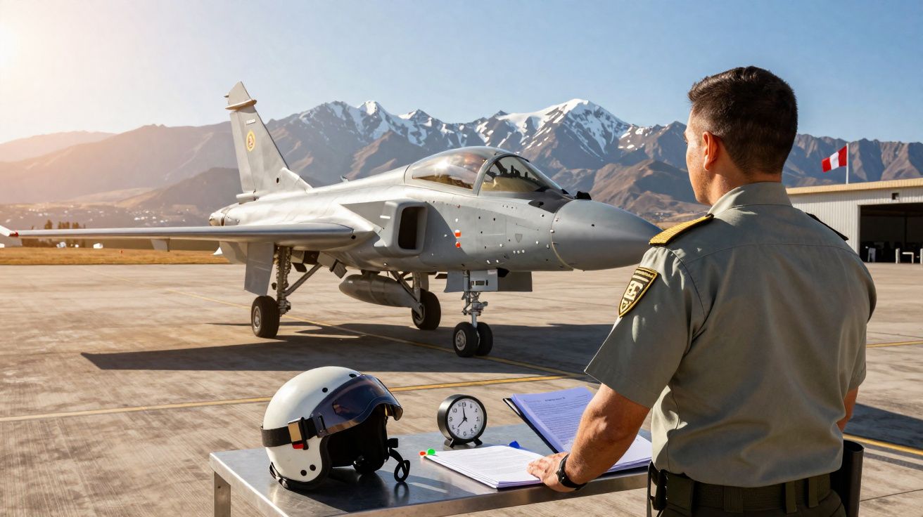 Militar em uniforme observa caça estático em pista com montanhas ao fundo em dia claro.