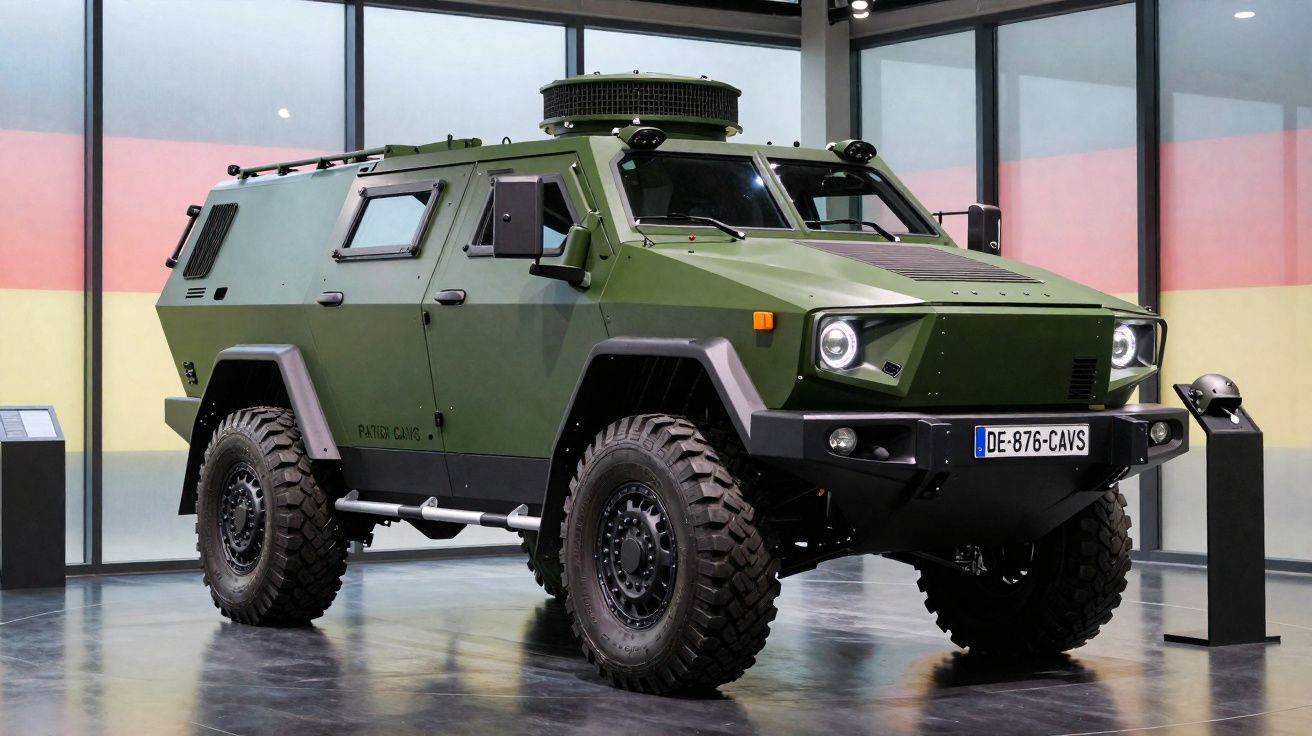 Veículo blindado militar verde com grandes pneus off-road exibido em um espaço interno moderno.