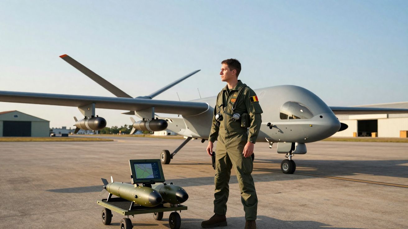 Homem em uniforme militar ao lado de drone de vigilância e equipamento em área de concreto ao ar livre.