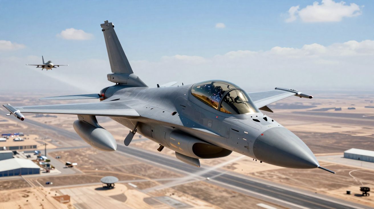 Caça militar cinza voando baixo sobre pista de aeroporto em área desértica sob céu azul com nuvens.