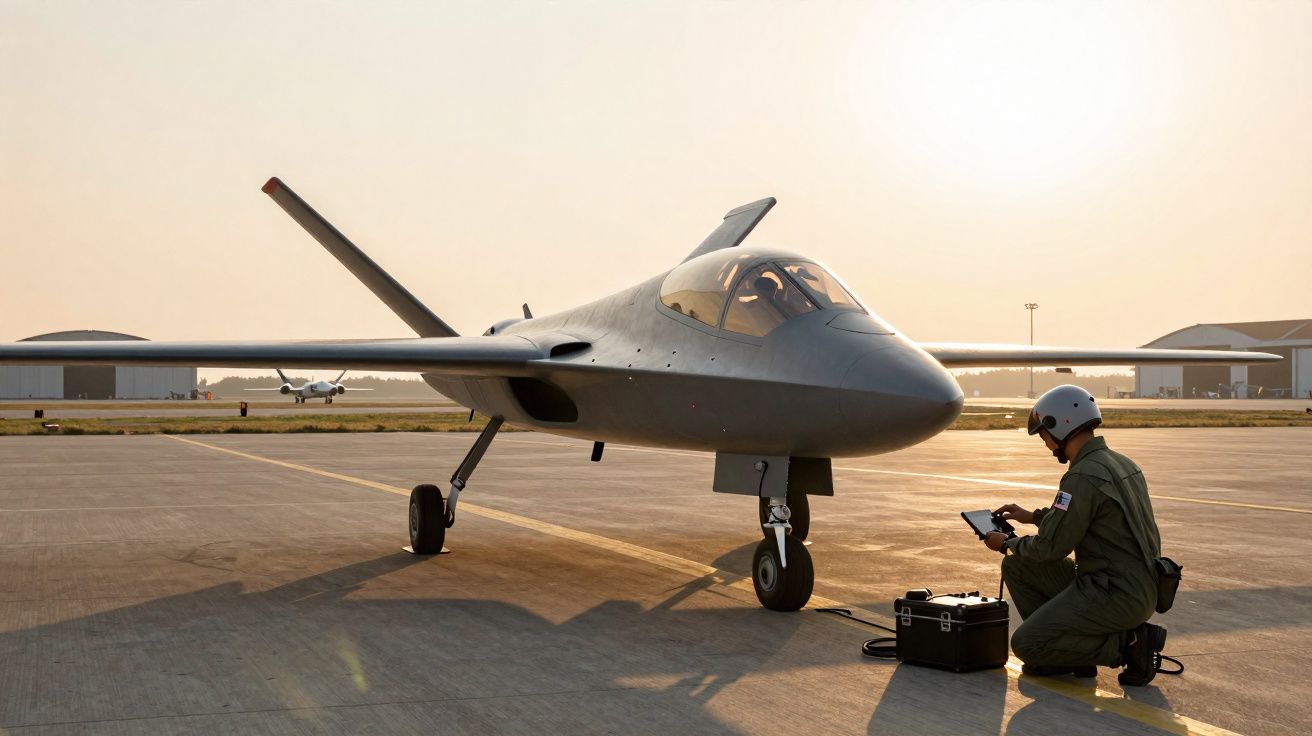 Avião não tripulado cinza no pôr do sol com técnico militar usando capacete verificando equipamento.