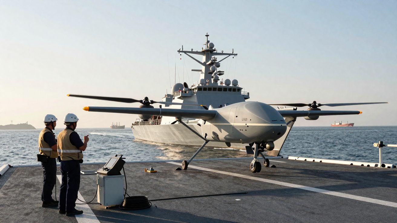 Drone militar de asa fixa pousando em navio de guerra com dois tripulantes observando o equipamento na embarcação.