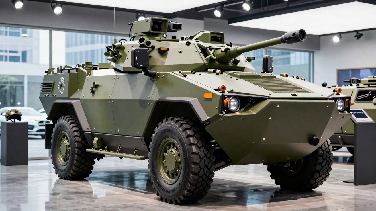 Veículo blindado militar verde com rodas grandes exposto em ambiente interno moderno.