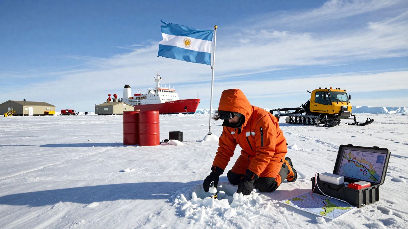 Pesquisador em roupa laranja coleta amostra de gelo na Antártica, com bandeira argentina, navio e veículo atrás.