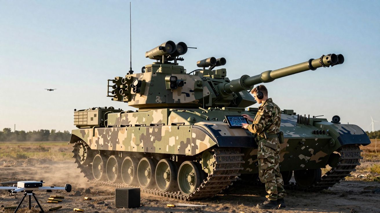 Soldado operando tanque de guerra camuflado em área aberta com drone voando ao fundo.