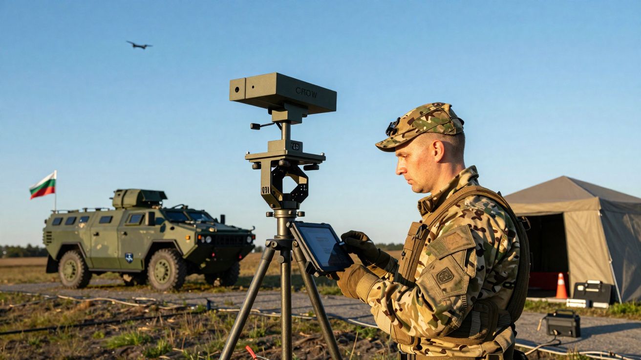 Soldado em uniforme camuflado operando equipamento de monitoramento com veículo militar e drone ao fundo.