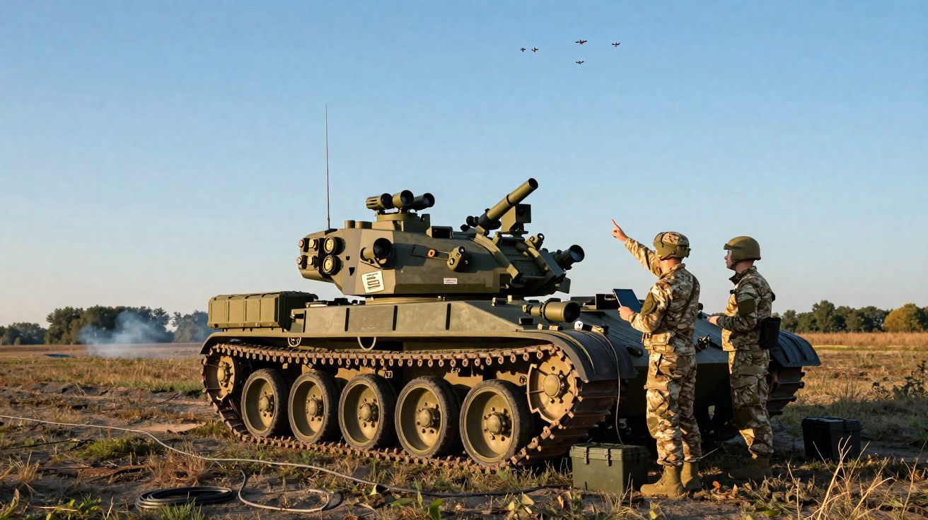 Tanque militar em campo aberto com dois soldados em uniforme camuflado e cinco aviões voando no céu azul.