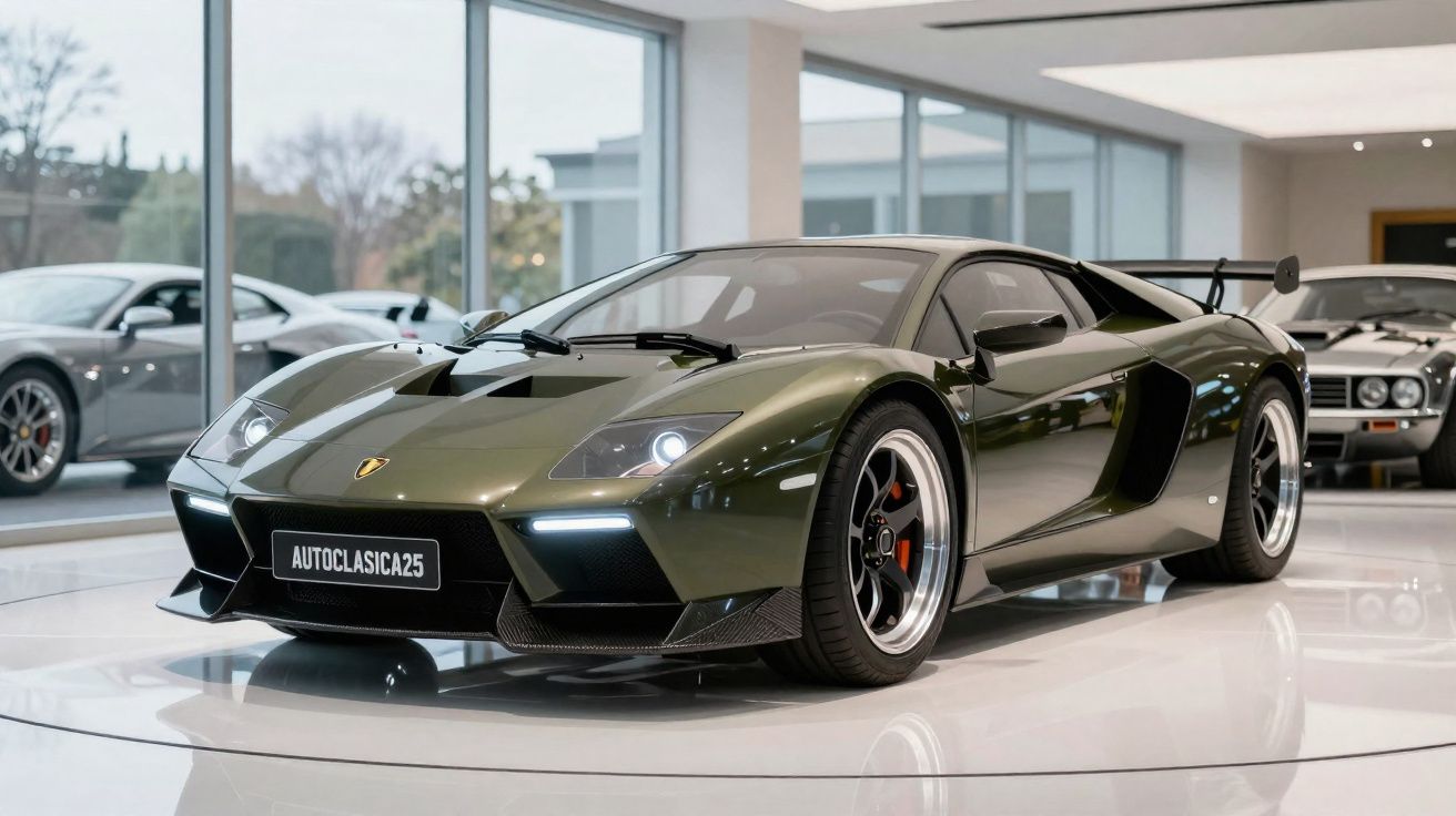 Carro esportivo Lamborghini verde metálico exibido em showroom moderno com iluminação natural.
