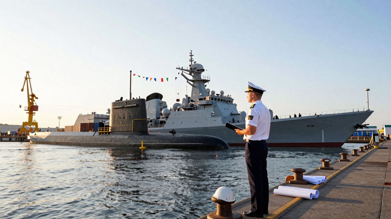 Oficial da marinha observa submarino e navio de guerra atracados em porto durante o dia.