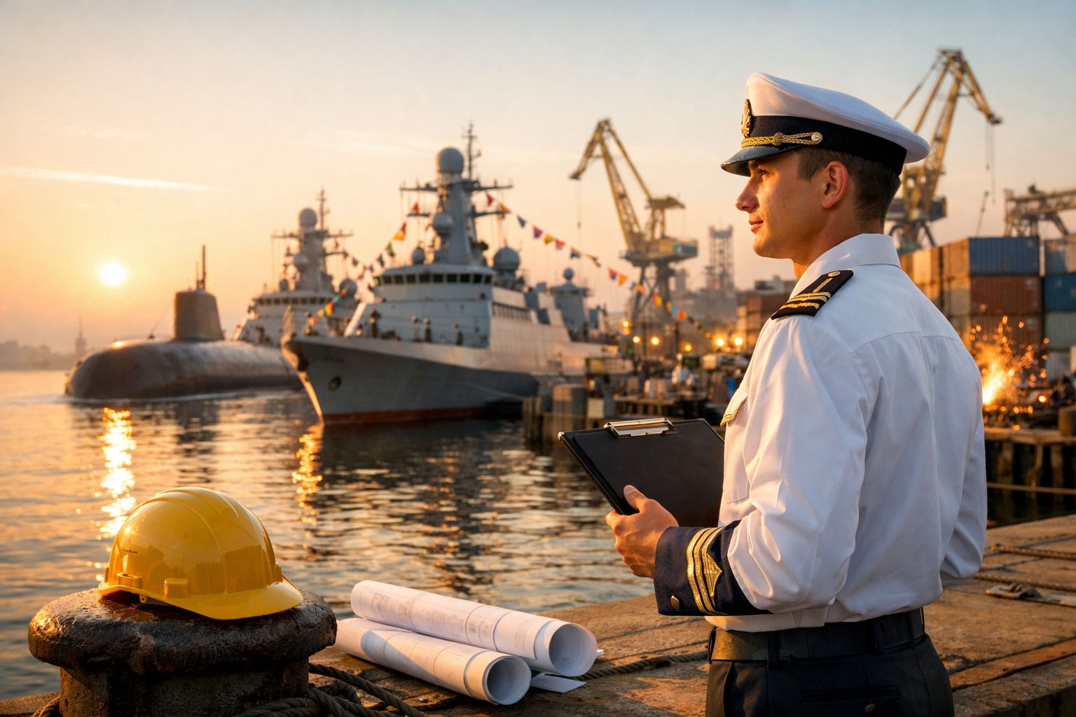 Oficial naval em uniforme branco observa navios militares ancorados no porto ao pôr do sol.