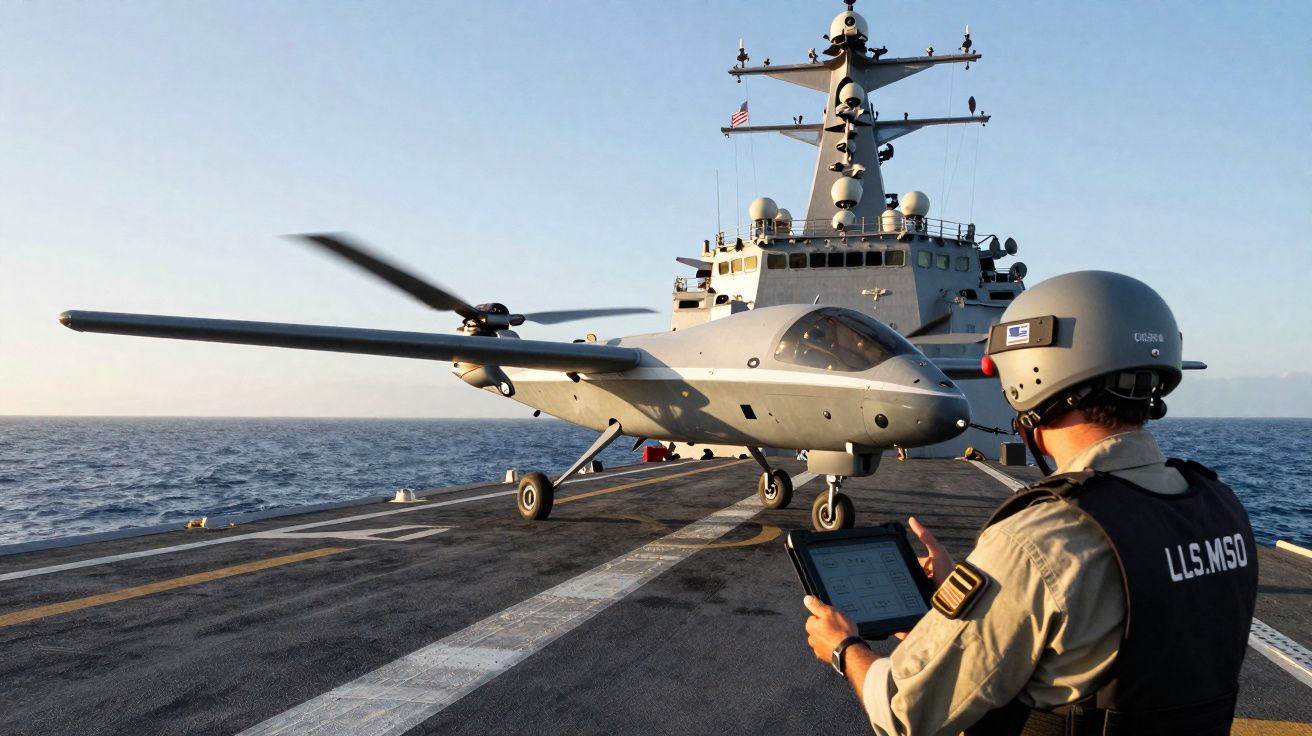 Drone militar decolando de porta-aviões no mar com operador usando tablet e capacete.