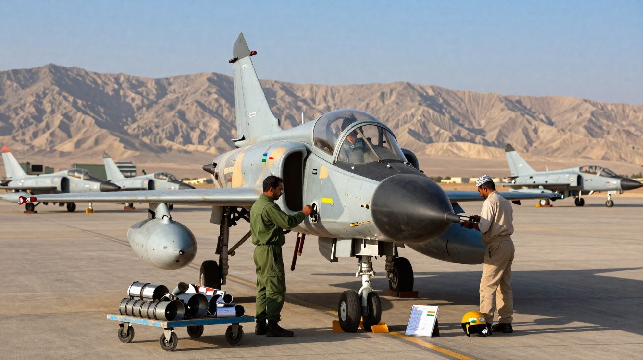 Dois militares em uniforme trabalham na manutenção de um caça em área de aeródromo com montanhas ao fundo.