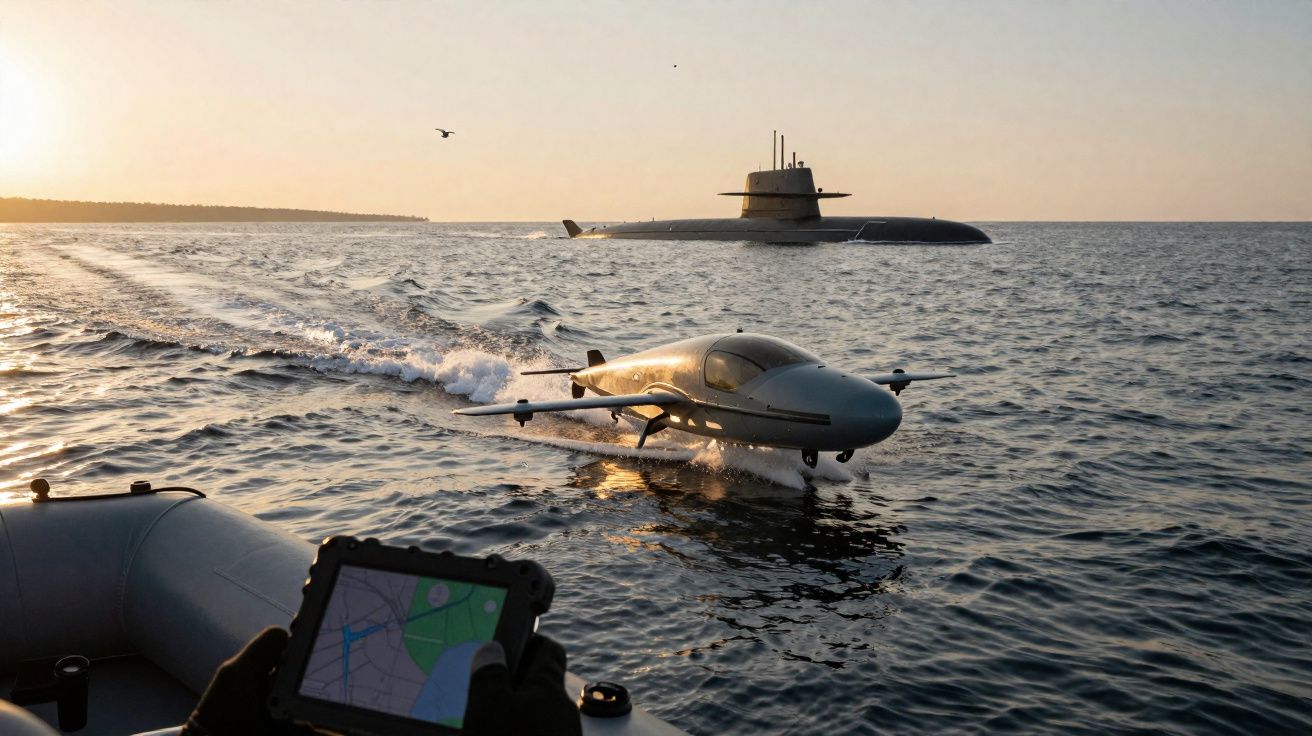 Veículo aéreo não tripulado decolando da água próximo a um submarino ao pôr do sol.