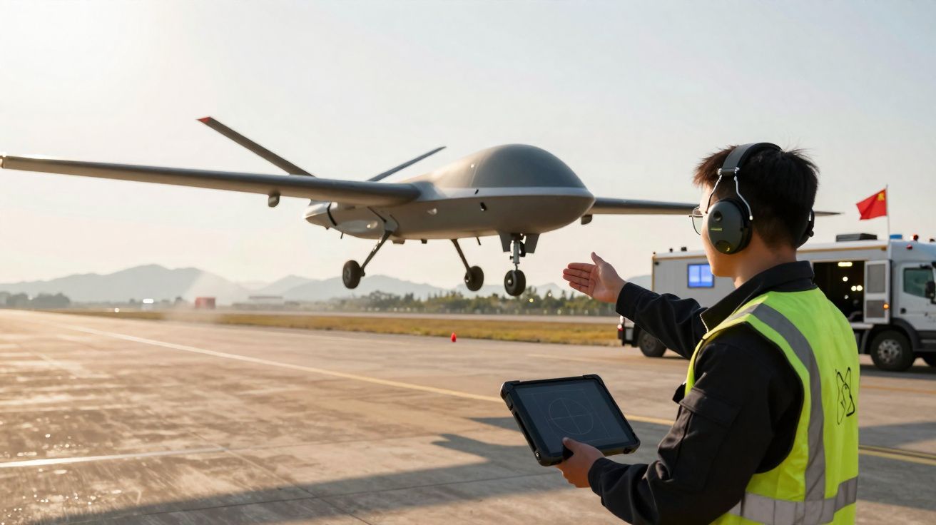 Homem controla drone militar cinza durante pouso em pista ao ar livre ao entardecer.