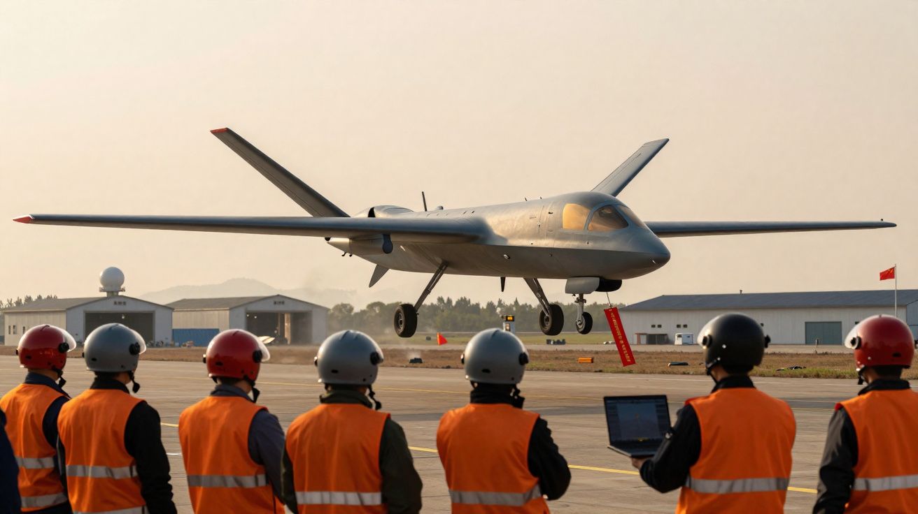 Drone militar cinza voando perto de equipe com coletes laranja em pista de aeroporto durante o dia.
