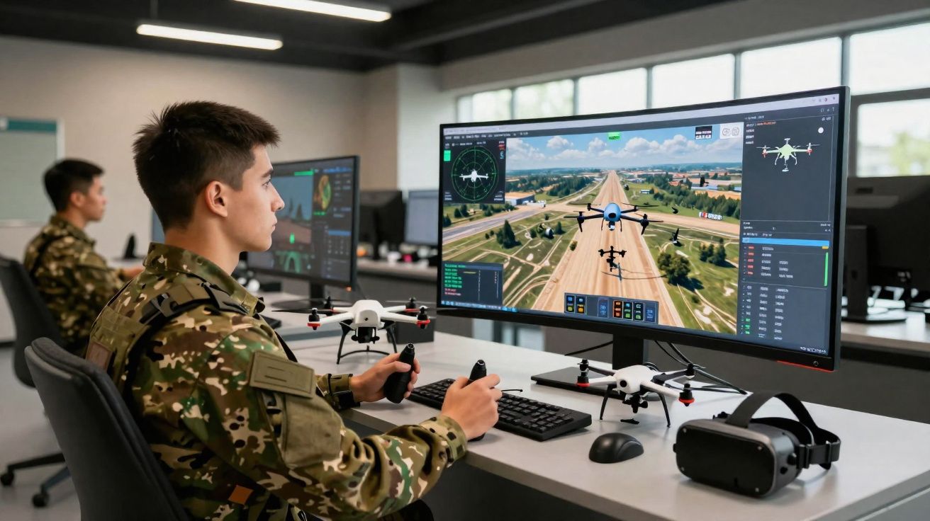 Militar operando drone em simulador de voo em ambiente de treinamento tecnológico.