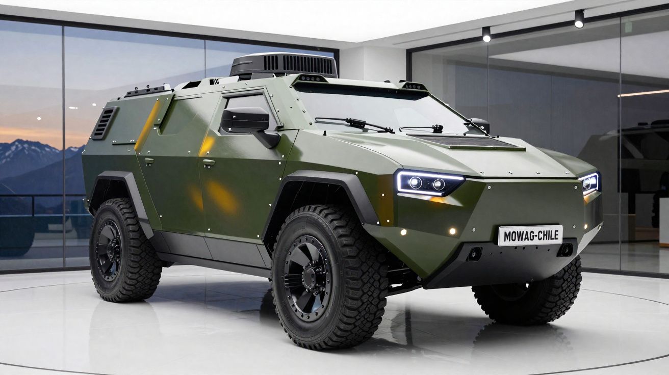 Veículo blindado militar verde com faróis LED e pneus off-road em ambiente interno moderno.
