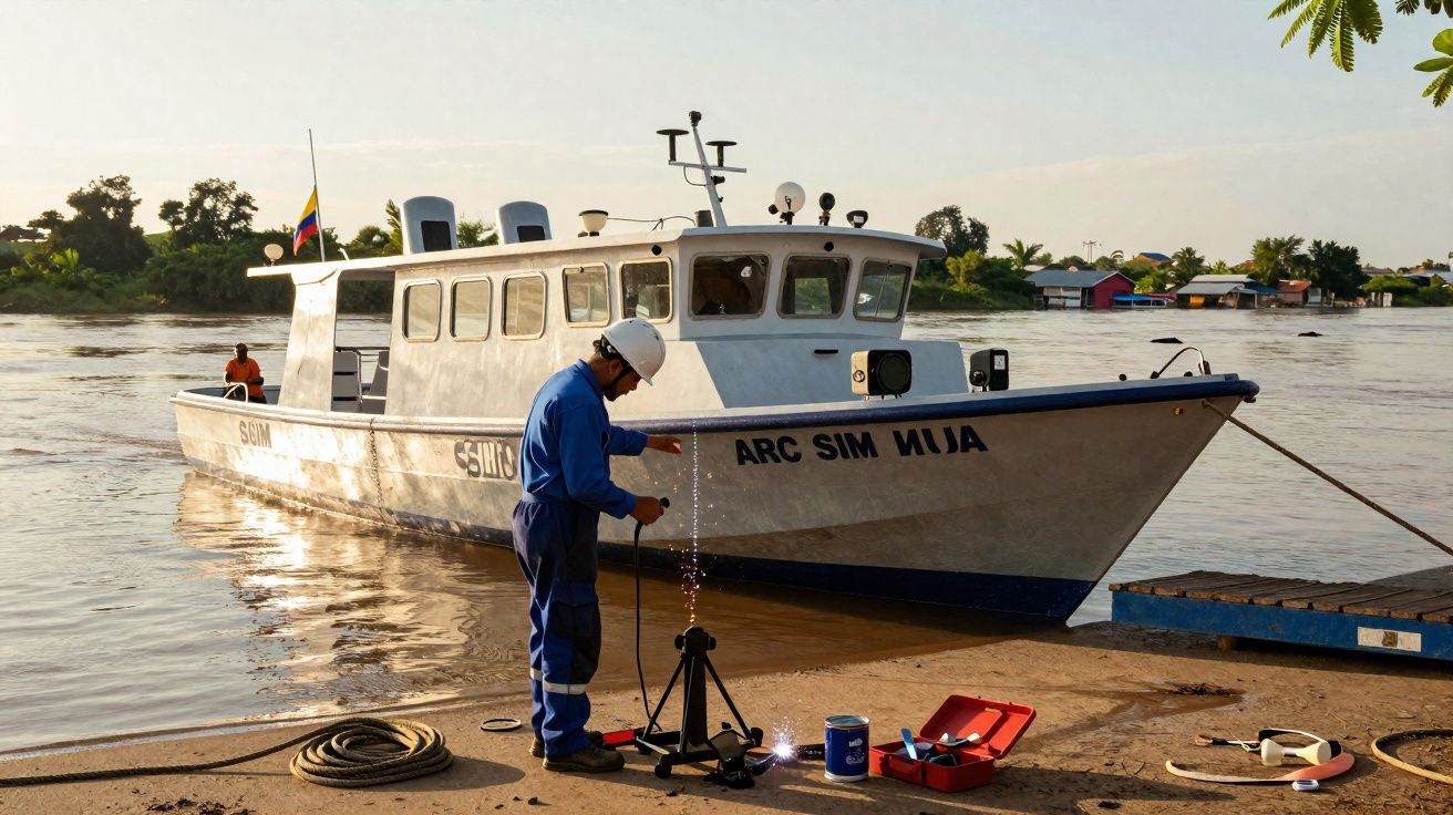 Trabalhador com capacete soldando próximo a barco branco ancorado em rio com vegetação ao fundo.