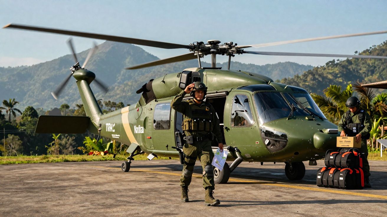 Helicóptero verde militar em heliponto com dois soldados, um segurando mapa e outro carregando malas.