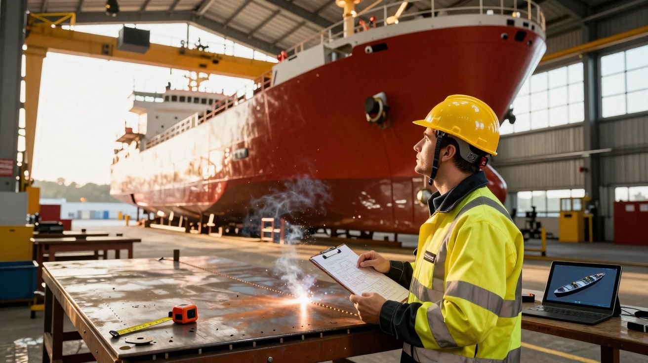 Homem com capacete amarelo fiscaliza soldagem em estrutura metálica dentro de estaleiro com navio ao fundo.