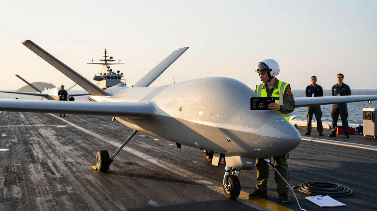 Drone militar cinza em convés de navio com operador vestindo capacete e colete refletivo.
