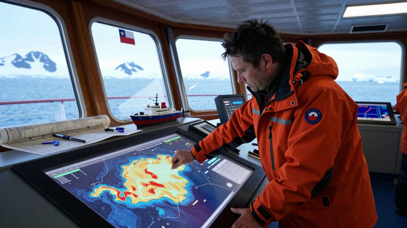 Homem com casaco laranja analisa mapa digital em mesa de navegação de navio com vista para mar e montanhas nevadas.
