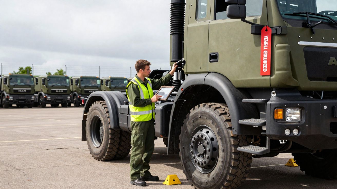 Homem em colete refletivo inspeciona caminhão militar verde em pátio com outros veículos ao fundo.