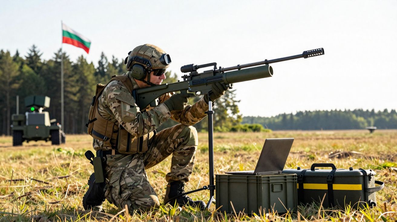 Soldado em uniforme camuflado ajoelhado mirando rifle em campo aberto, com equipamento e notebook ao lado.