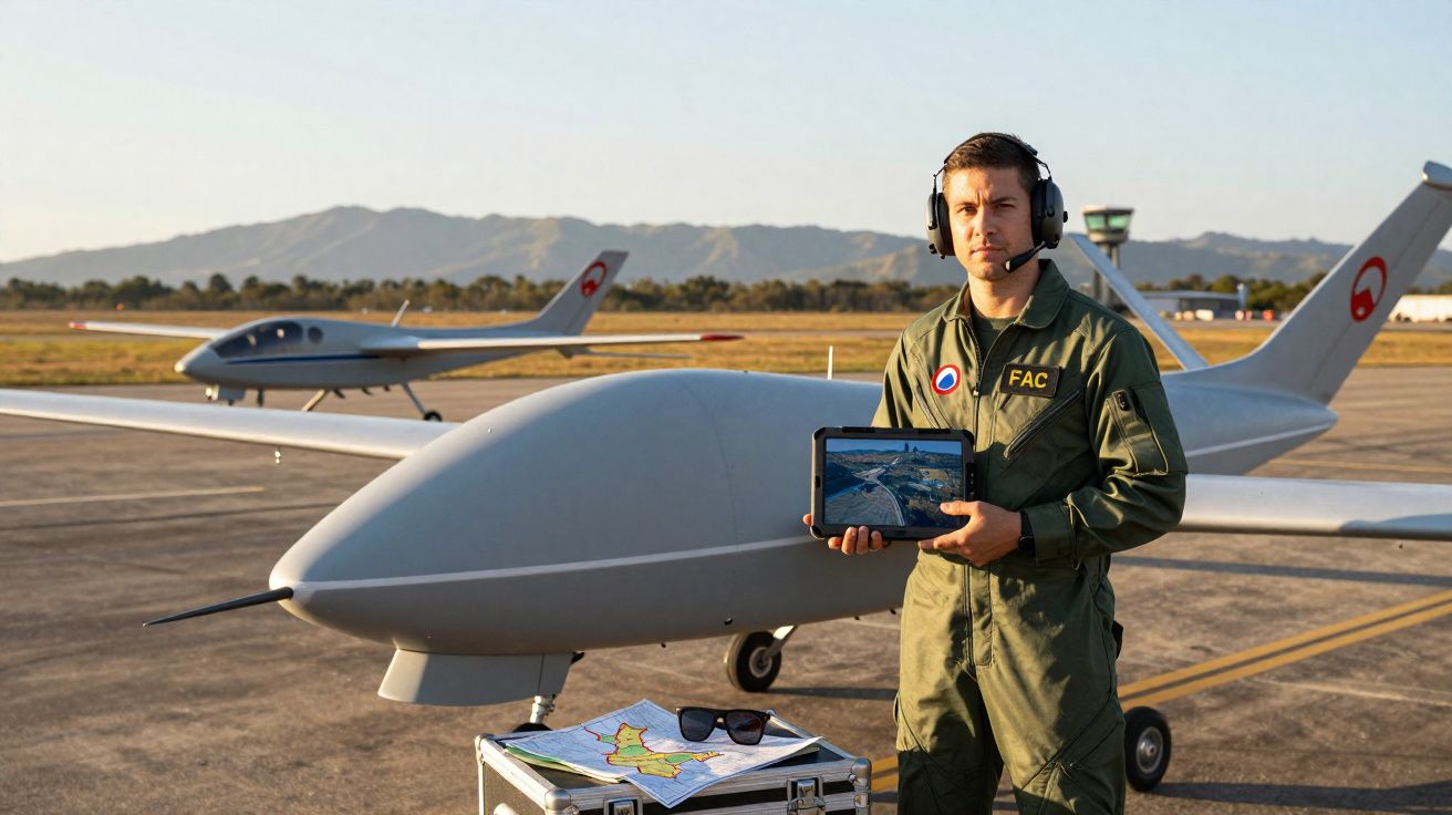 Piloto militar em uniforme verde com tablet em mãos, ao lado de dois drones militares no aeroporto.
