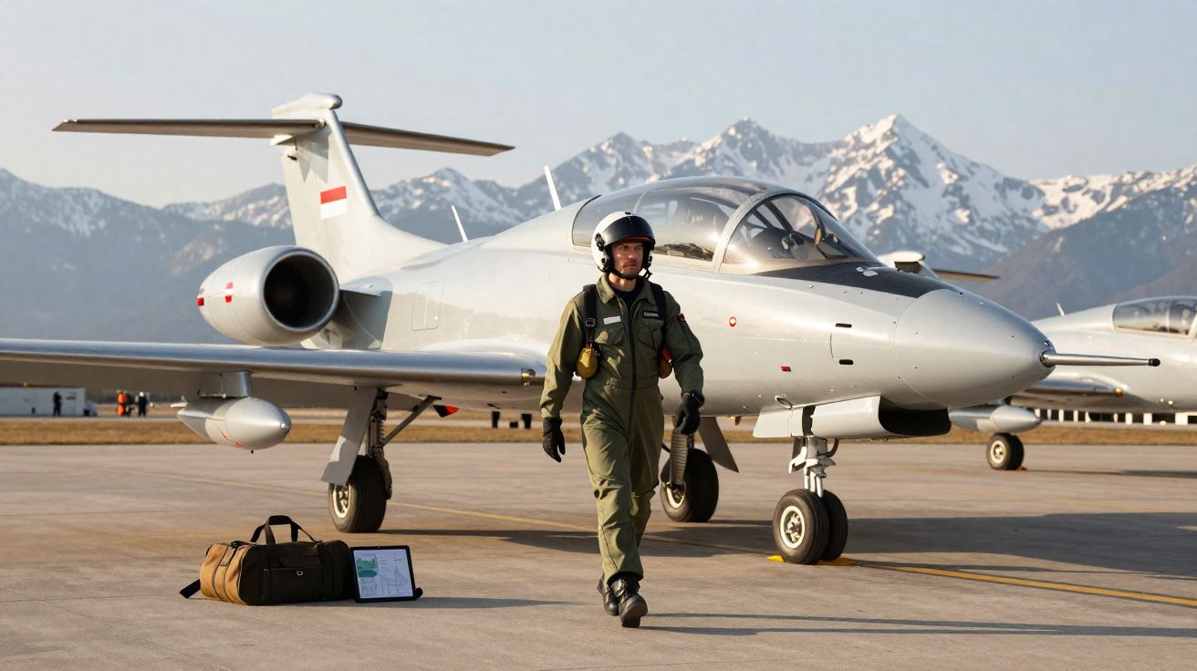 Piloto militar caminha na pista em frente a avião de caça estacionado, com montanhas nevadas ao fundo.