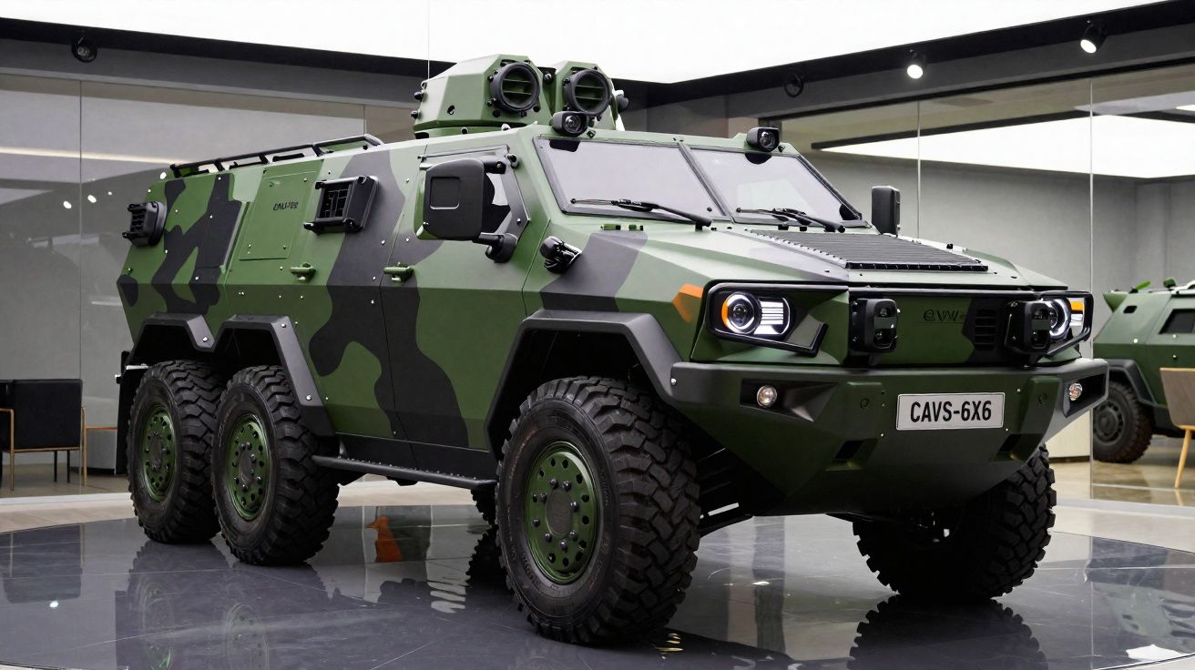 Veículo blindado militar 6x6 camuflado em tons de verde exposto em ambiente interno com pisos espelhados.