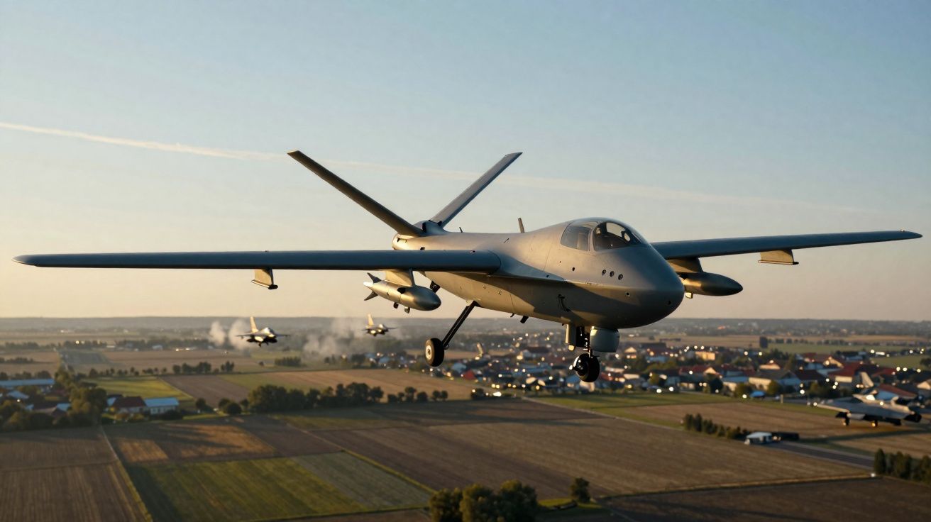 Formação de drones militares voando sobre campos e uma cidade ao entardecer.