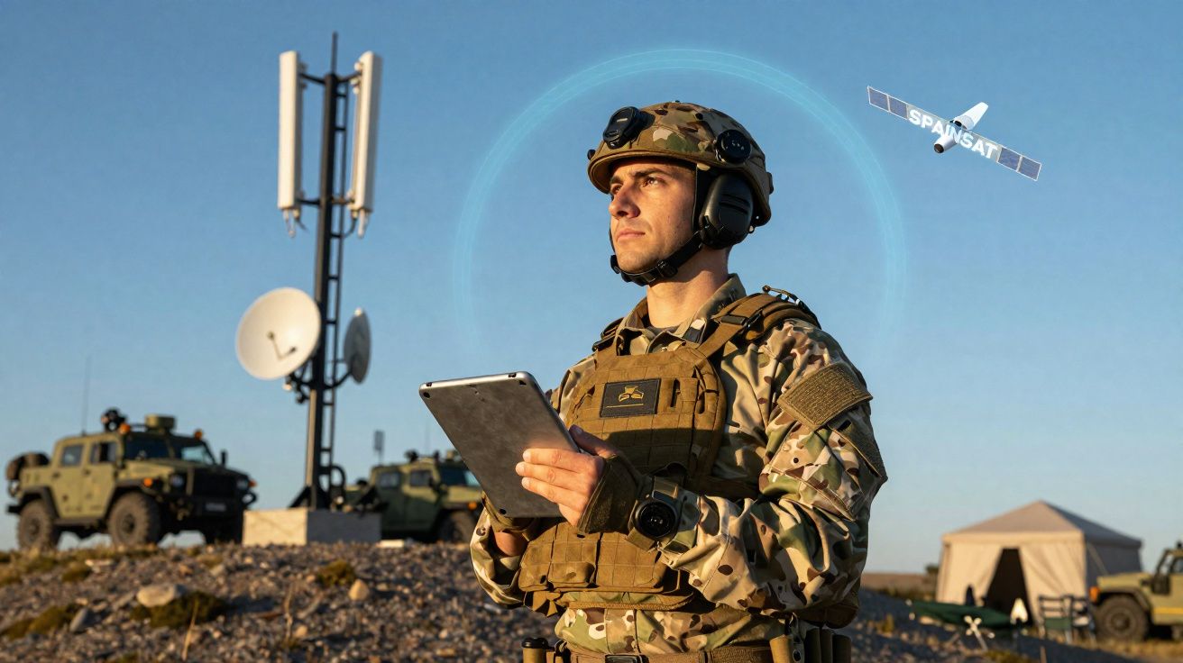 Soldado com tablet em base militar com veículos e antena, satélite em comunicação ao fundo.