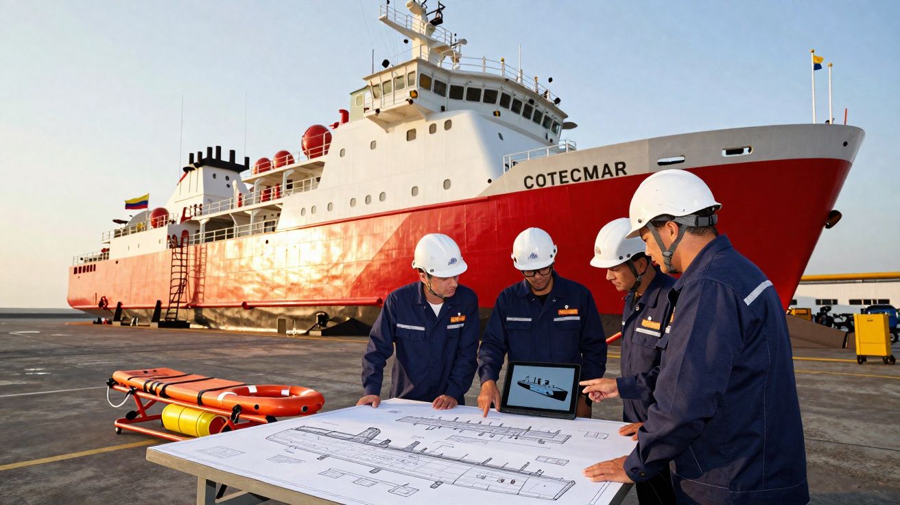 Quatro engenheiros com capacetes analisam plantas na doca, com navio vermelho e branco ao fundo.