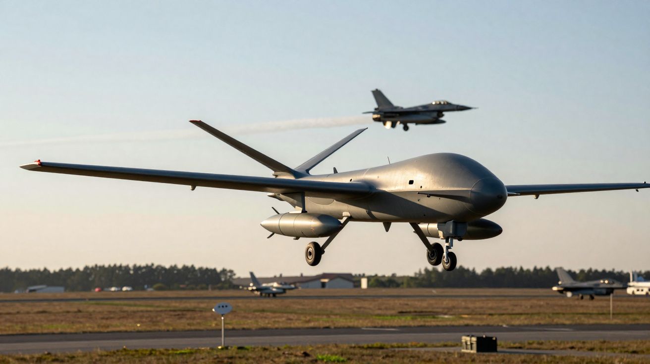 Avião não tripulado decolando com caça militar voando ao fundo em pista de aeroporto.
