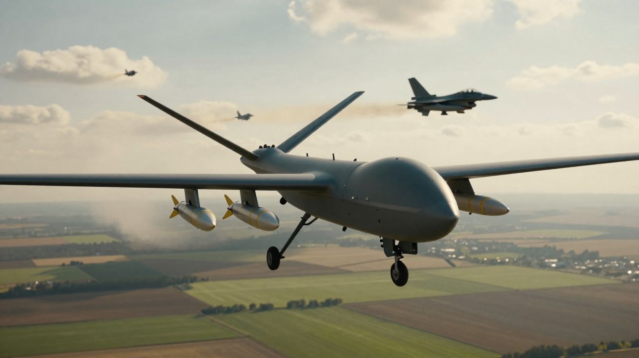 Drone militar armado voando sobre campos com três caças ao fundo em céu parcialmente nublado.