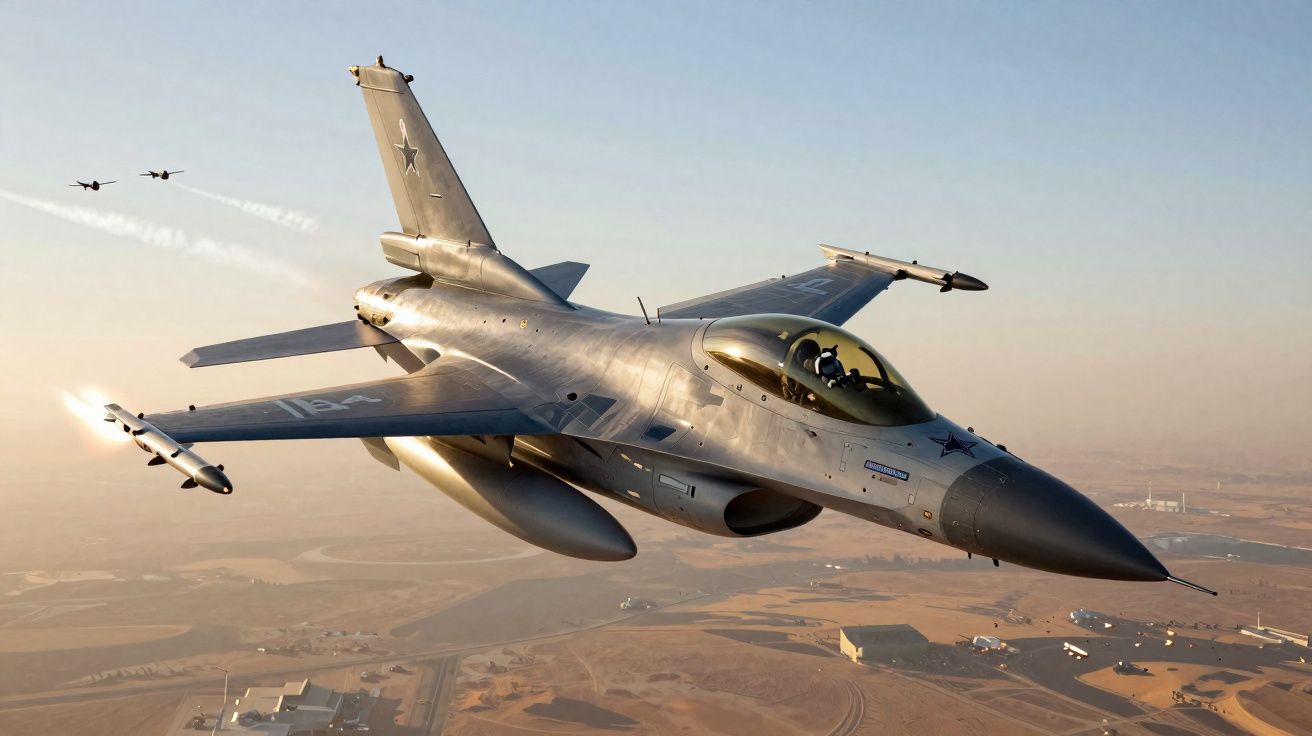 Caça militar voando sobre área desértica ao pôr do sol com dois aviões ao fundo.