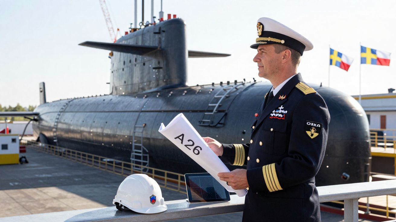 Oficial naval segurando projeto A26 próximo a um submarino preto atracado no porto.