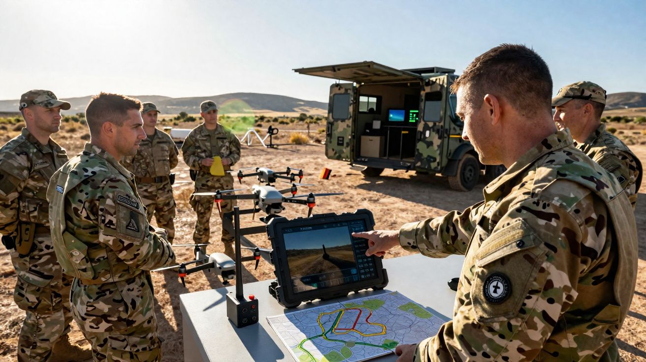 Militares em uniforme camuflado manuseiam drones e analisam mapa em ambiente desértico durante treinamento.