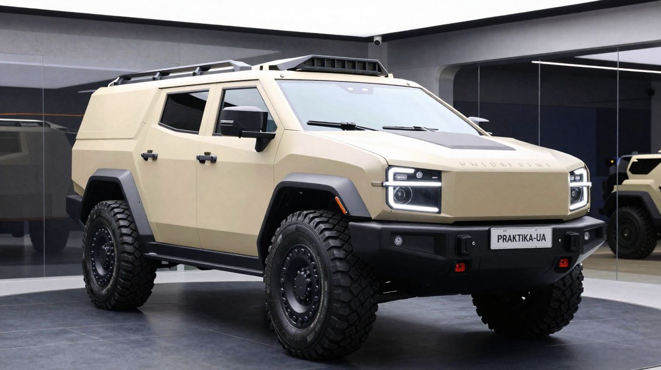 Veículo utilitário robusto cor bege com pneus off-road exibido em salão espelhado moderno.