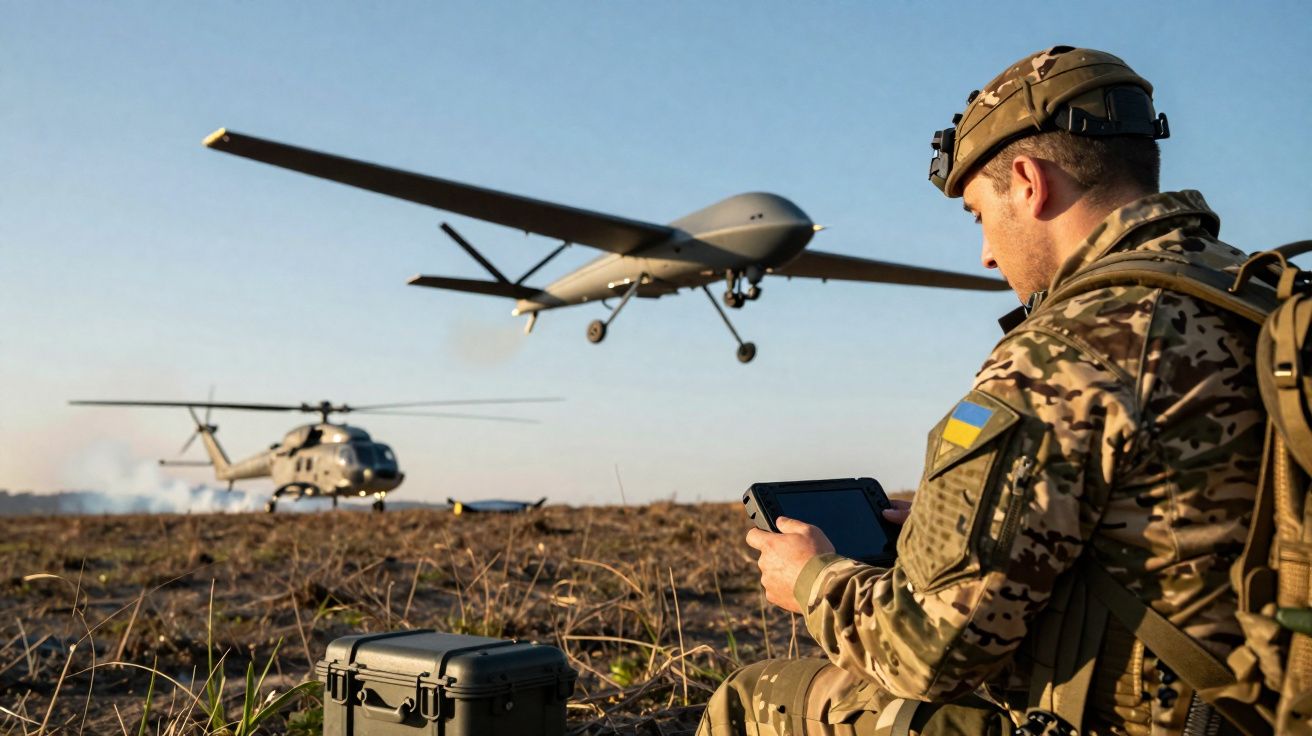 Soldado operando drone militar próximo a helicóptero em campo aberto ao entardecer.