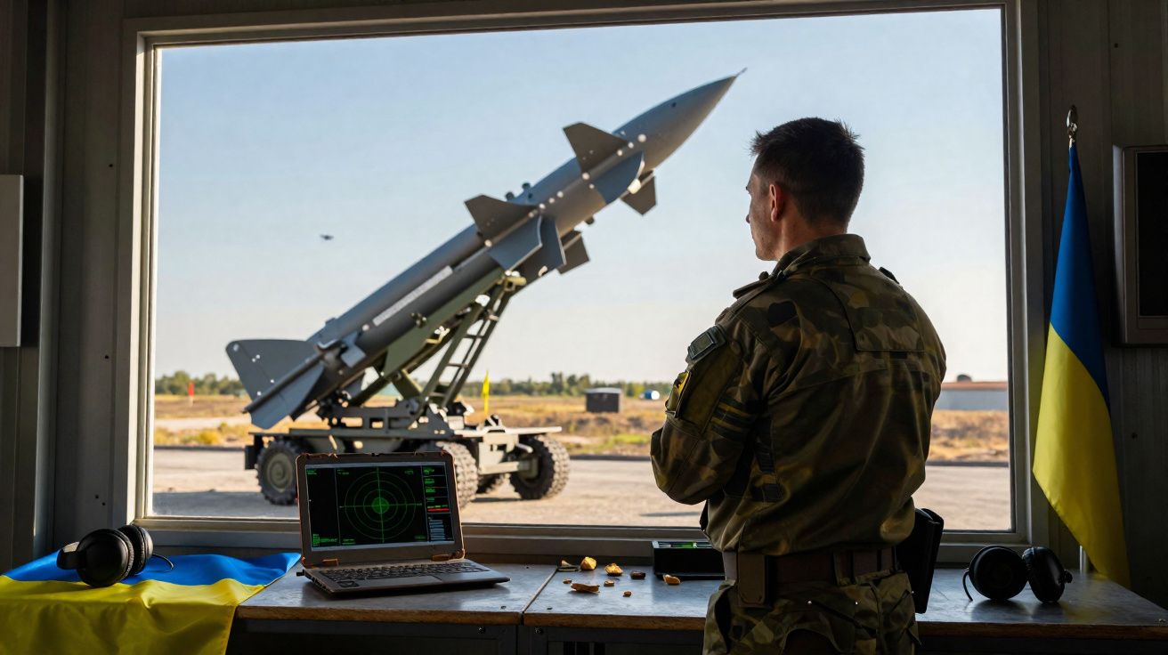 Soldado observa míssil apontado para o céu através de janela em base militar com bandeira da Ucrânia.