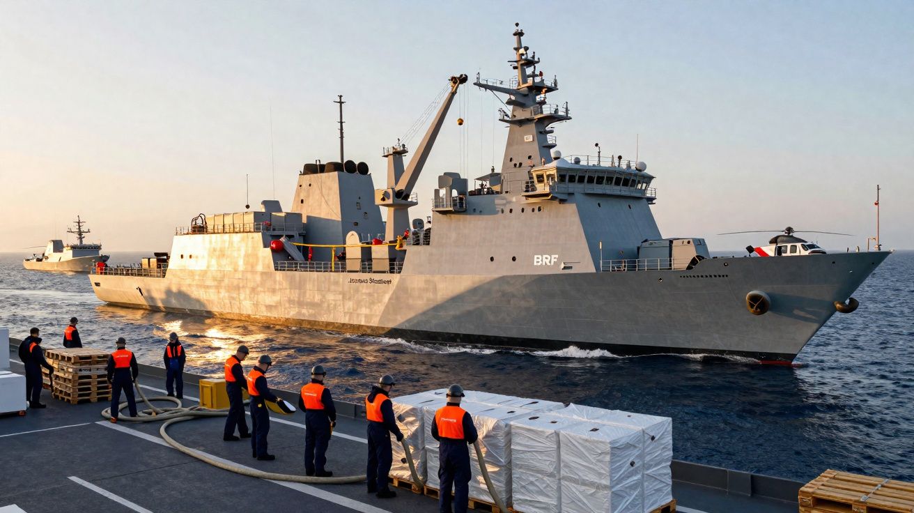 Navio de guerra BRF abastecendo outro navio no mar com tripulação usando coletes laranja.