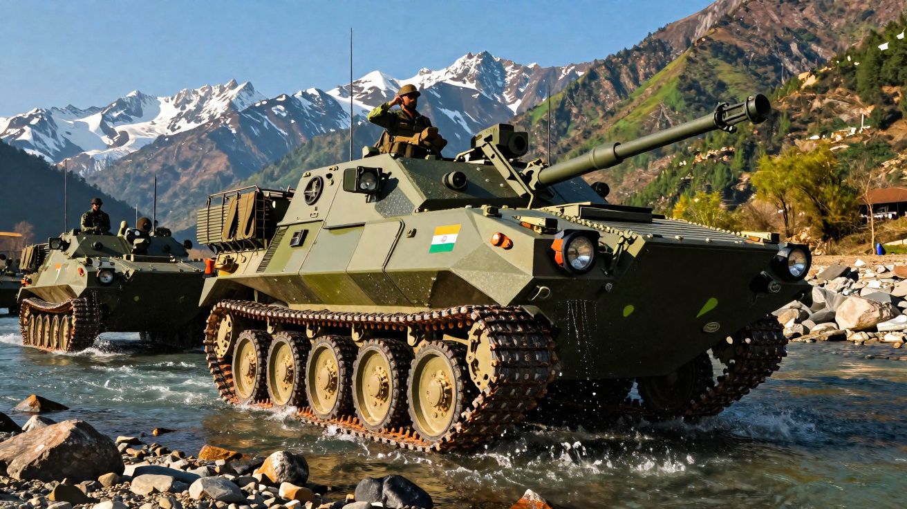 Veículos blindados militares em curso d'água com montanhas ao fundo em dia ensolarado.