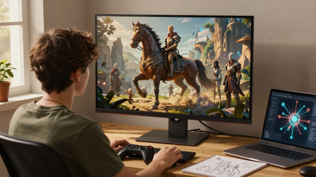 Pessoa jogando videogame em computador com imagem de cavaleiro montado em cavalo na tela, em ambiente iluminado natural.