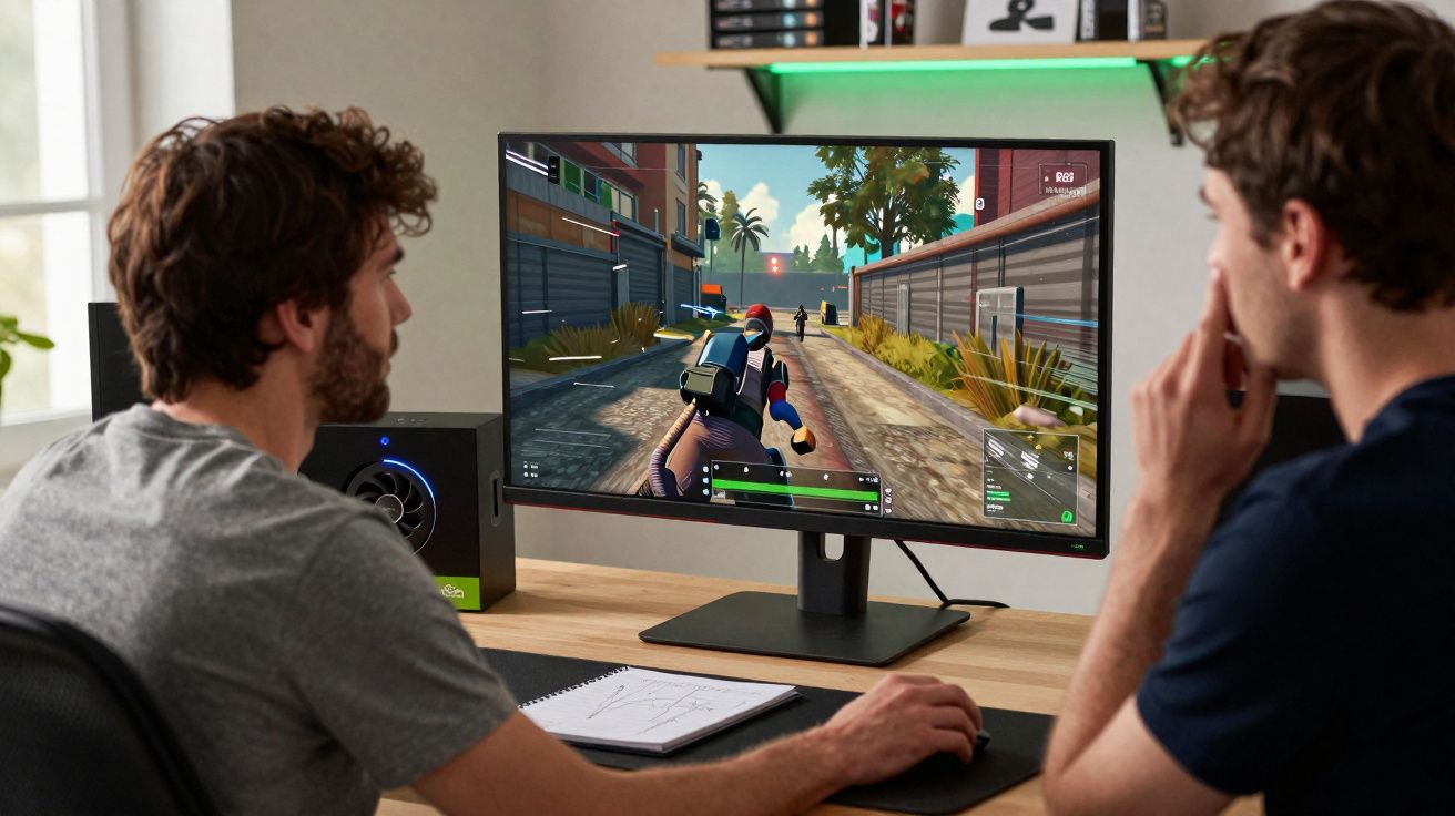 Dois homens jogam game de ação em monitor ultrawide em mesa com caderno e acessórios.