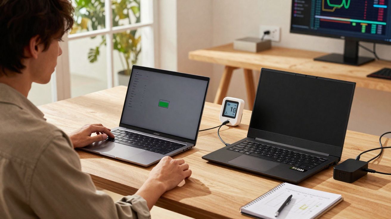 Pessoa usando notebook com carregamento conectado ao monitor e ao notebook em mesa de madeira clara.