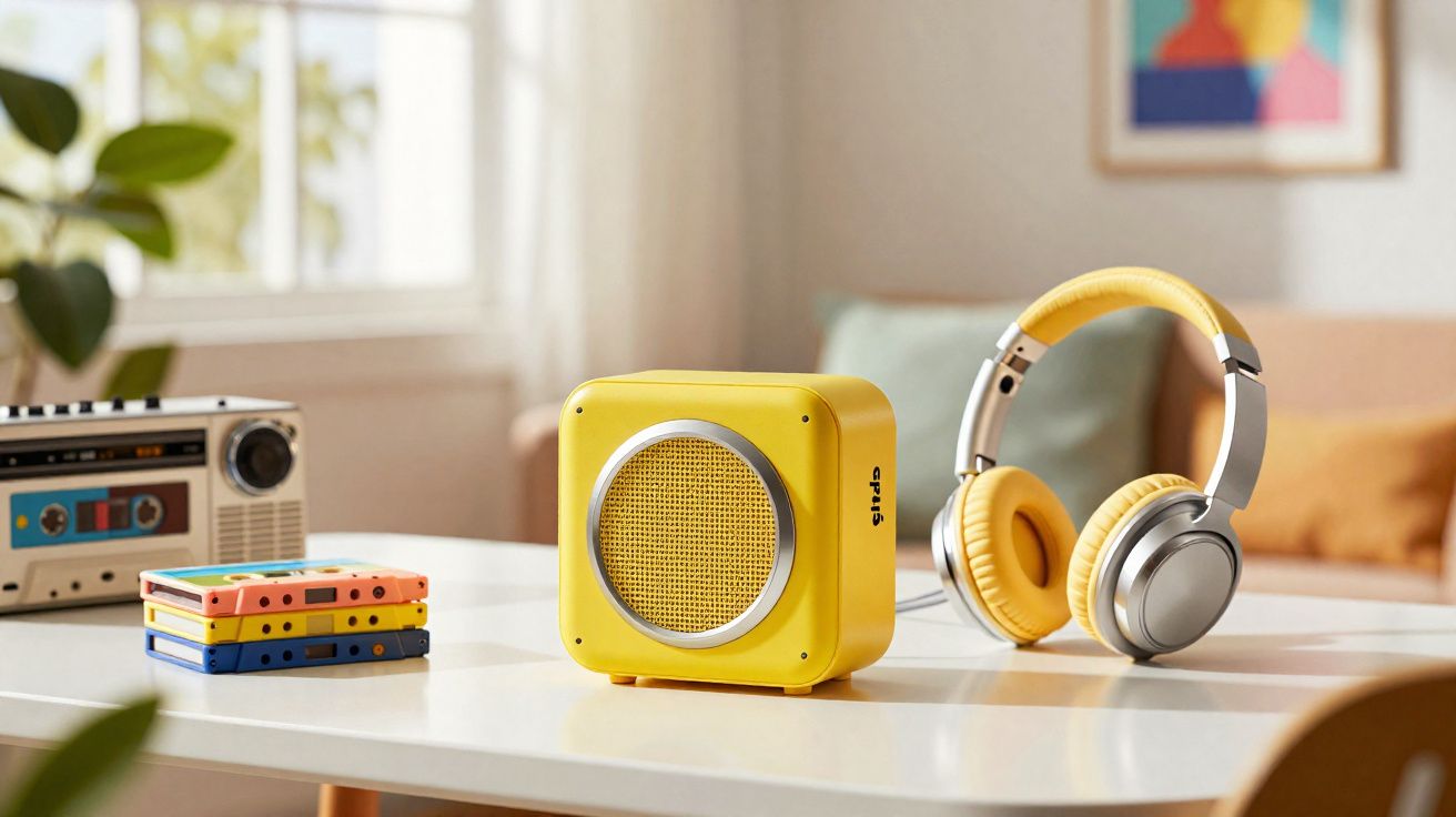 Speaker amarelo compacto ao lado de fones de ouvido e fitas cassete sobre mesa branca em ambiente iluminado.