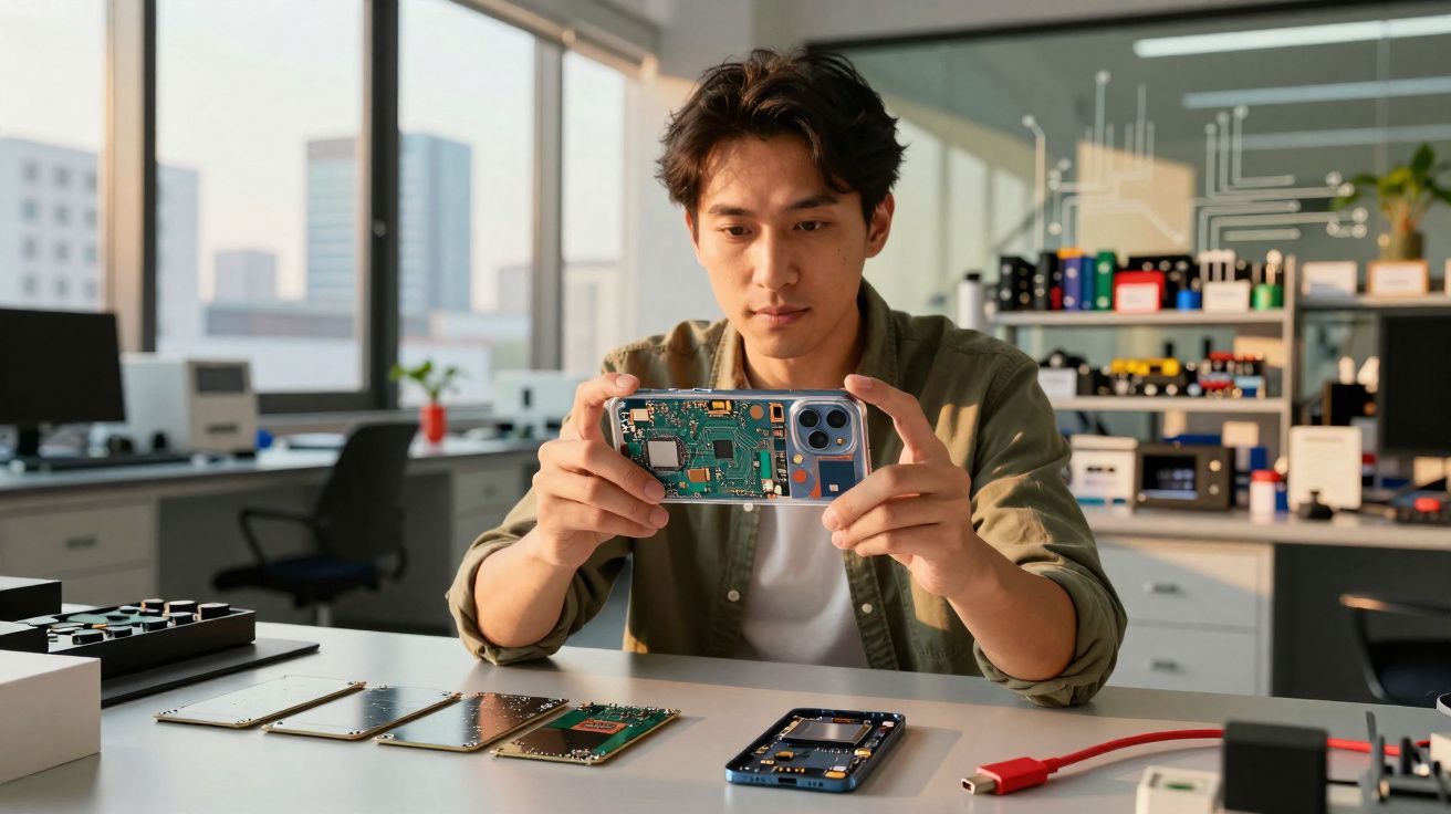 Jovem analisando placa de celular aberto em mesa com componentes eletrônicos em laboratório.
