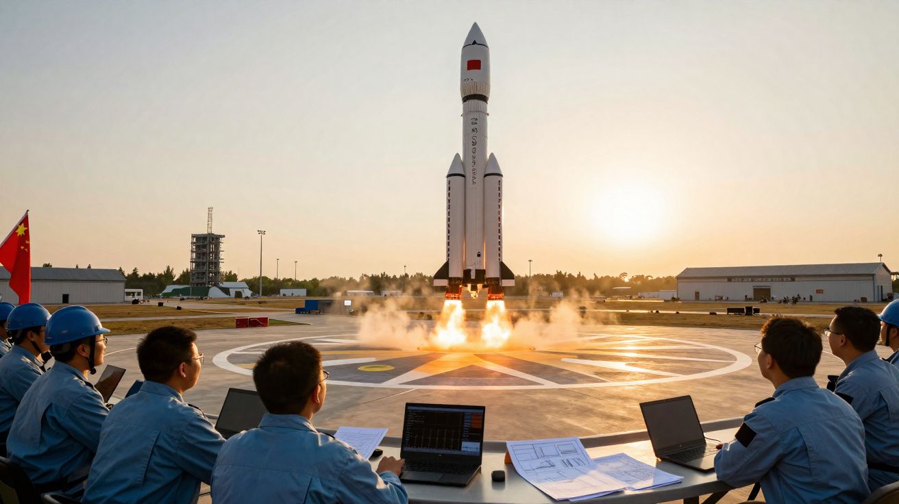 Foguete chinês decolando em plataforma com equipe de técnicos observando em primeiro plano ao pôr do sol.
